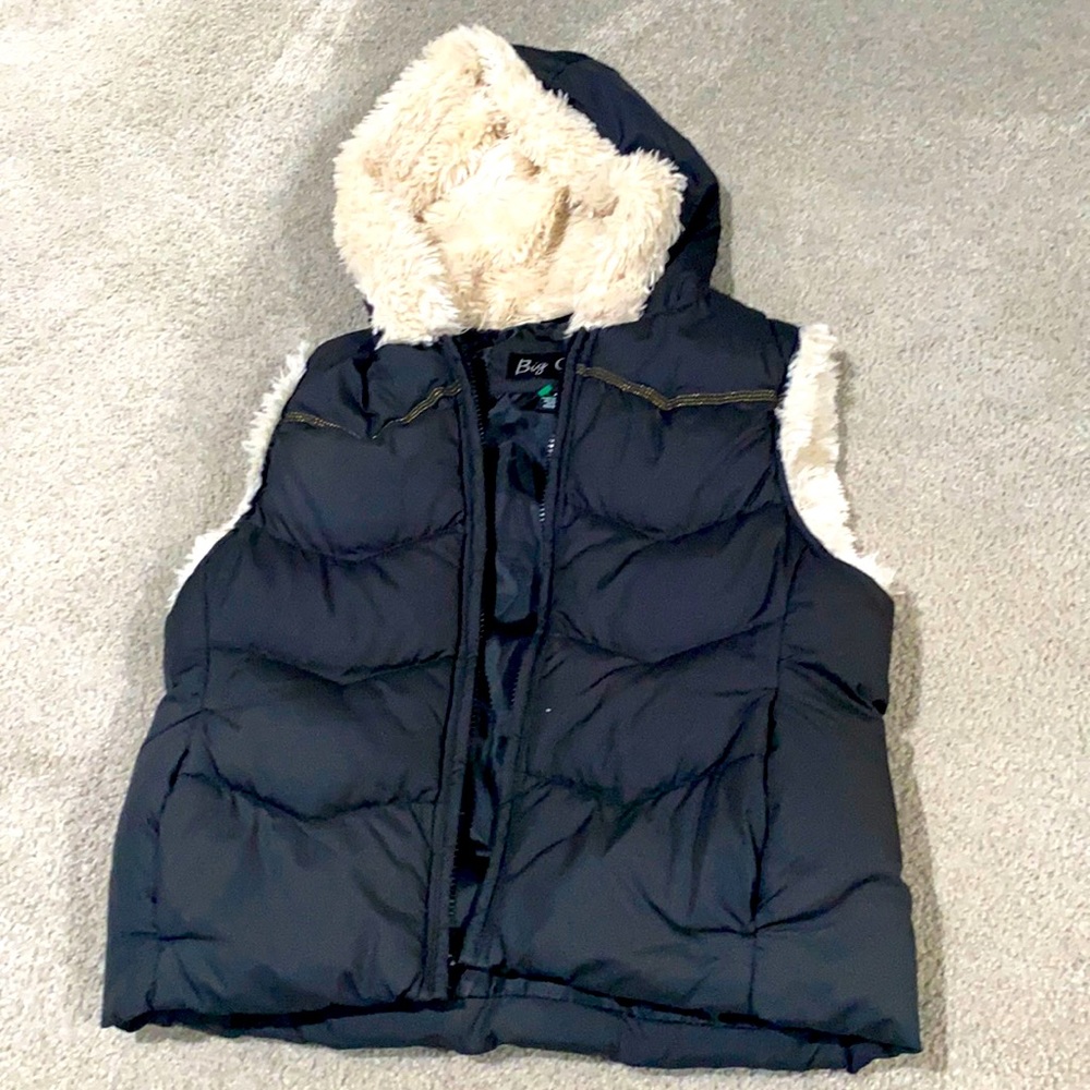 Black puffer vest with fur hood